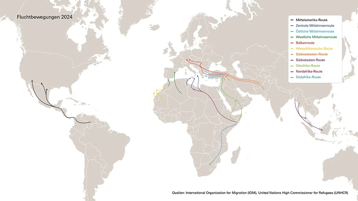 Weltkarte mit Fluchtrouten